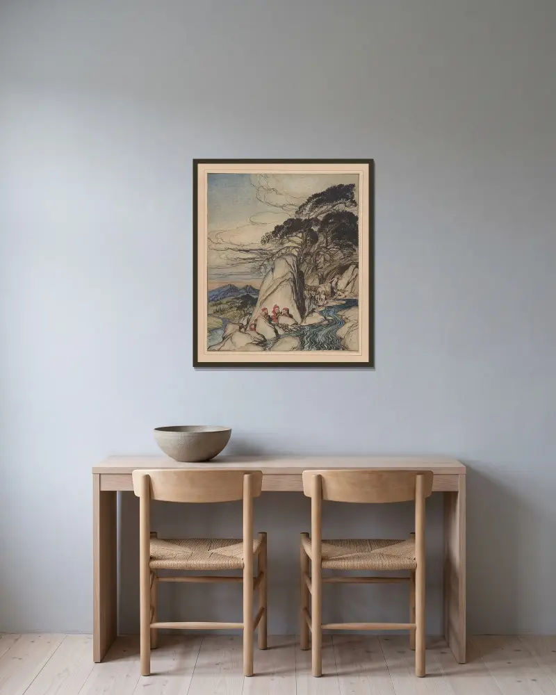 Rip van Winkle. Dessa sagoberg av Arthur Rackham inramad på en vägg
