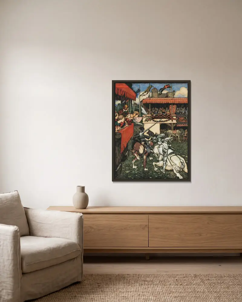 Sir Tristram besegrar Sir Palamedes i Irland av Arthur Rackham inramad på en vägg