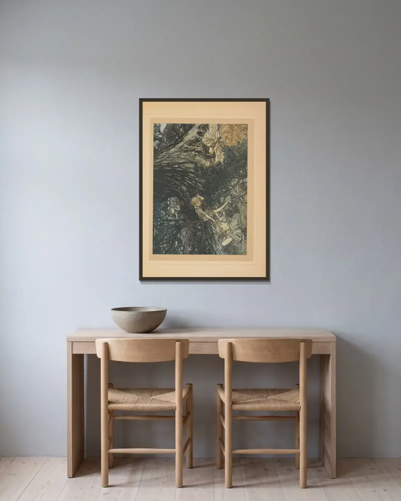 På marken sov djupt; på dina ögon ska jag, älskade, lägga ett läkemedel av Arthur Rackham inramad på en vägg