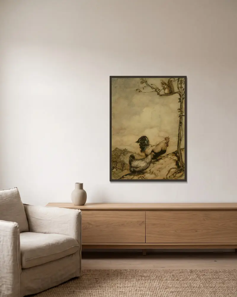 Äventyret med Chanticleer och Partlet av Arthur Rackham inramad på en vägg