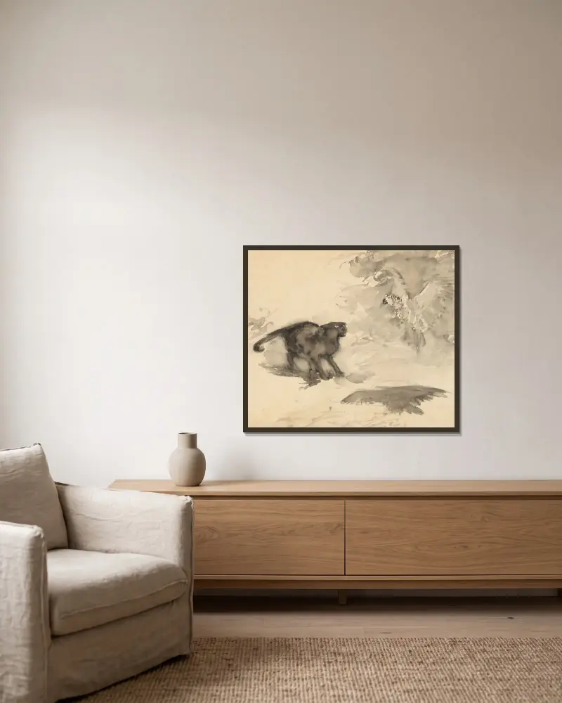 Die Katze und der Adler von Arthur Rackham gerahmt an einer Wand