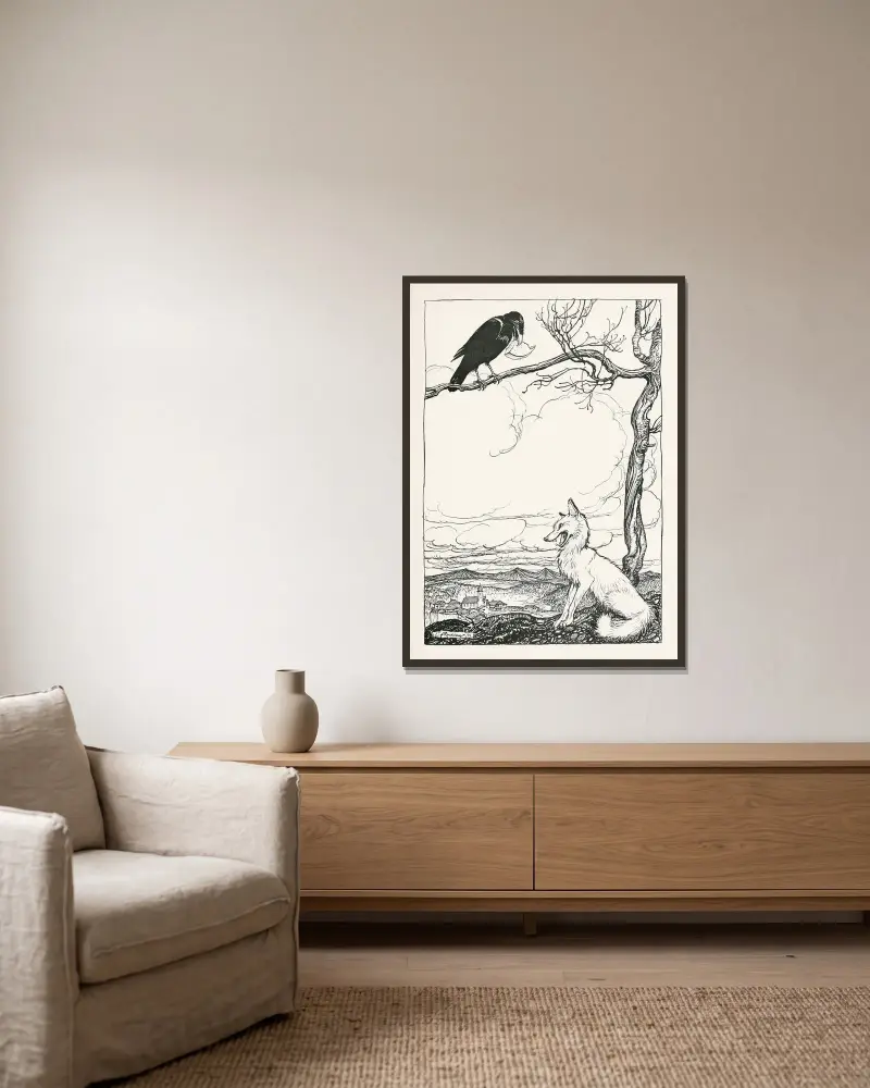 Räven och kråkan av Arthur Rackham inramad på en vägg