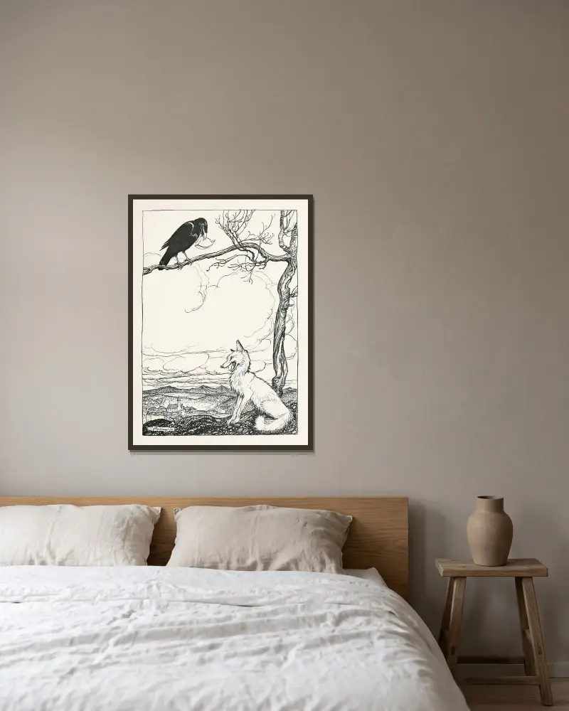 Räven och kråkan av Arthur Rackham inramad på en vägg