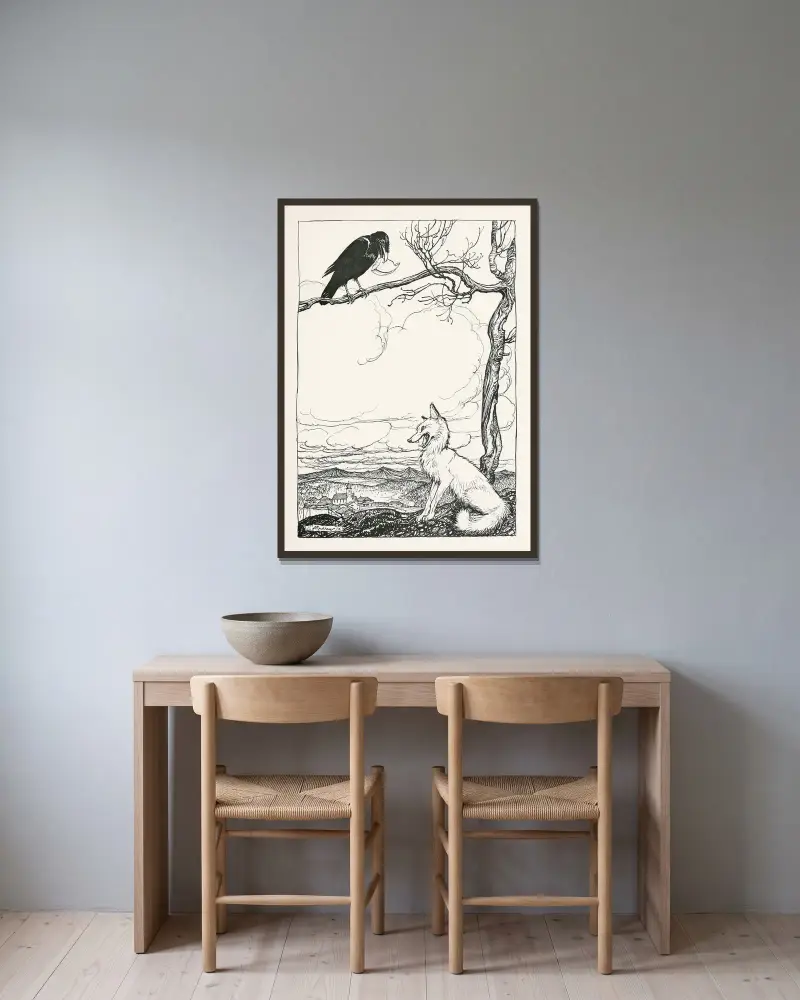 Räven och kråkan av Arthur Rackham inramad på en vägg