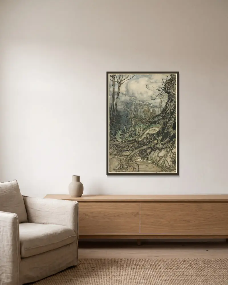 Der grüne Drache von Arthur Rackham gerahmt an einer Wand