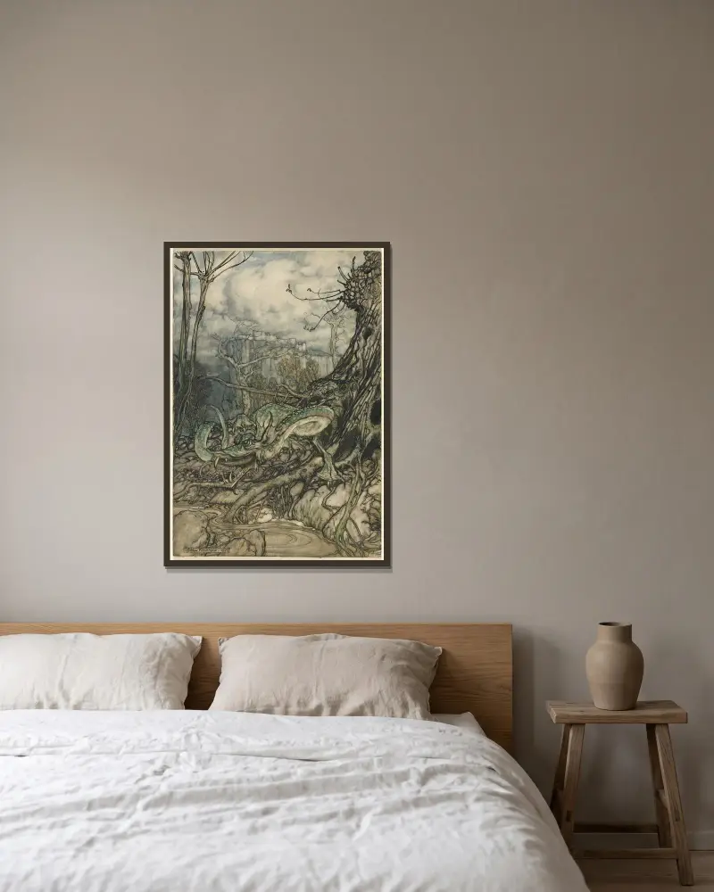 Der grüne Drache von Arthur Rackham gerahmt an einer Wand