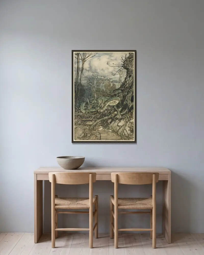 Der grüne Drache von Arthur Rackham gerahmt an einer Wand