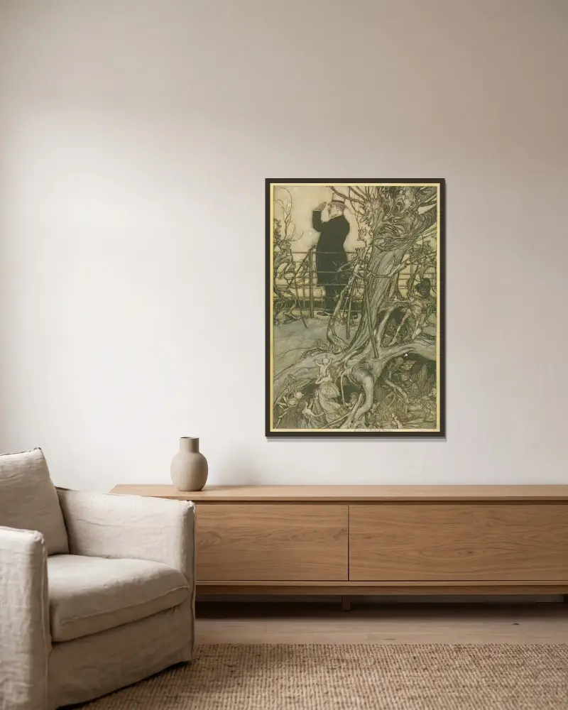 Kensington Gardens ligger i London, där kungen bor av Arthur Rackham inramad på en vägg