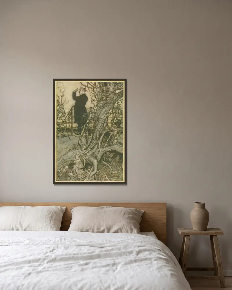 Kensington Gardens ligger i London, där kungen bor av Arthur Rackham inramad på en vägg