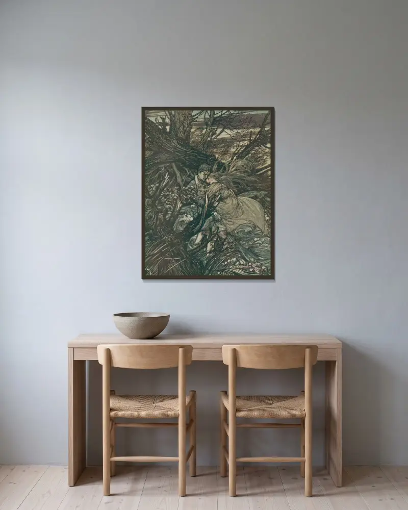 ‚Der Ritter nahm das schöne Mädchen in seine Arme und trug sie über die schmale Stelle, wo der Bach ihre kleine Insel vom Ufer getrennt hatte.‘ von Arthur Rackham gerahmt an einer Wand