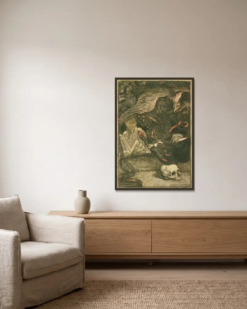 Den lille mannen hade satt sig i mitten av cirkeln på den stora skallen av Arthur Rackham inramad på en vägg