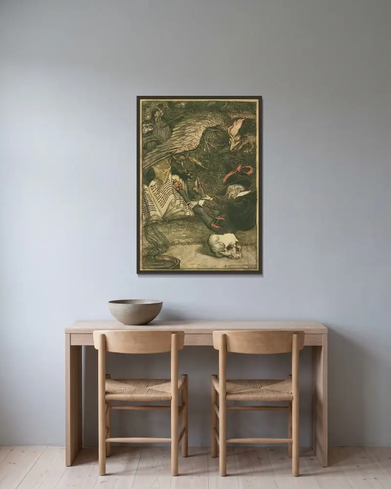 Den lille mannen hade satt sig i mitten av cirkeln på den stora skallen av Arthur Rackham inramad på en vägg