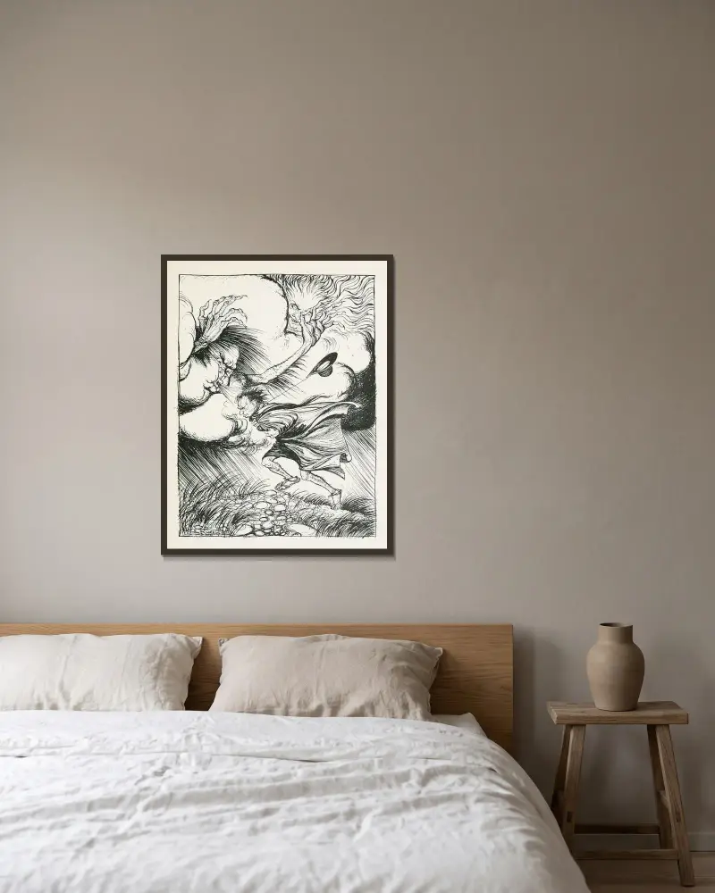 Nordanvinden och solen av Arthur Rackham inramad på en vägg