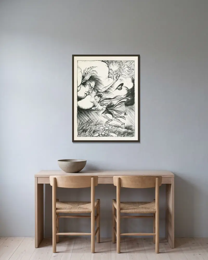 Nordanvinden och solen av Arthur Rackham inramad på en vägg