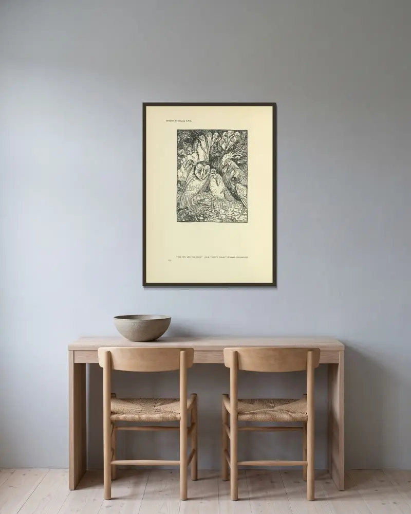 Ugglan och fåglarna – Aesops fabler av Arthur Rackham inramad på en vägg