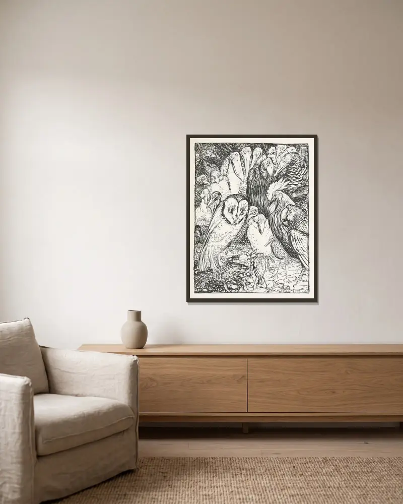 Ugglan och fåglarna av Arthur Rackham inramad på en vägg
