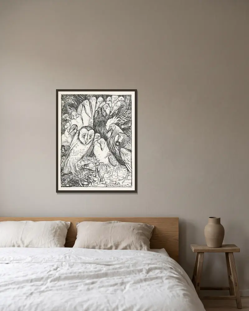Ugglan och fåglarna av Arthur Rackham inramad på en vägg