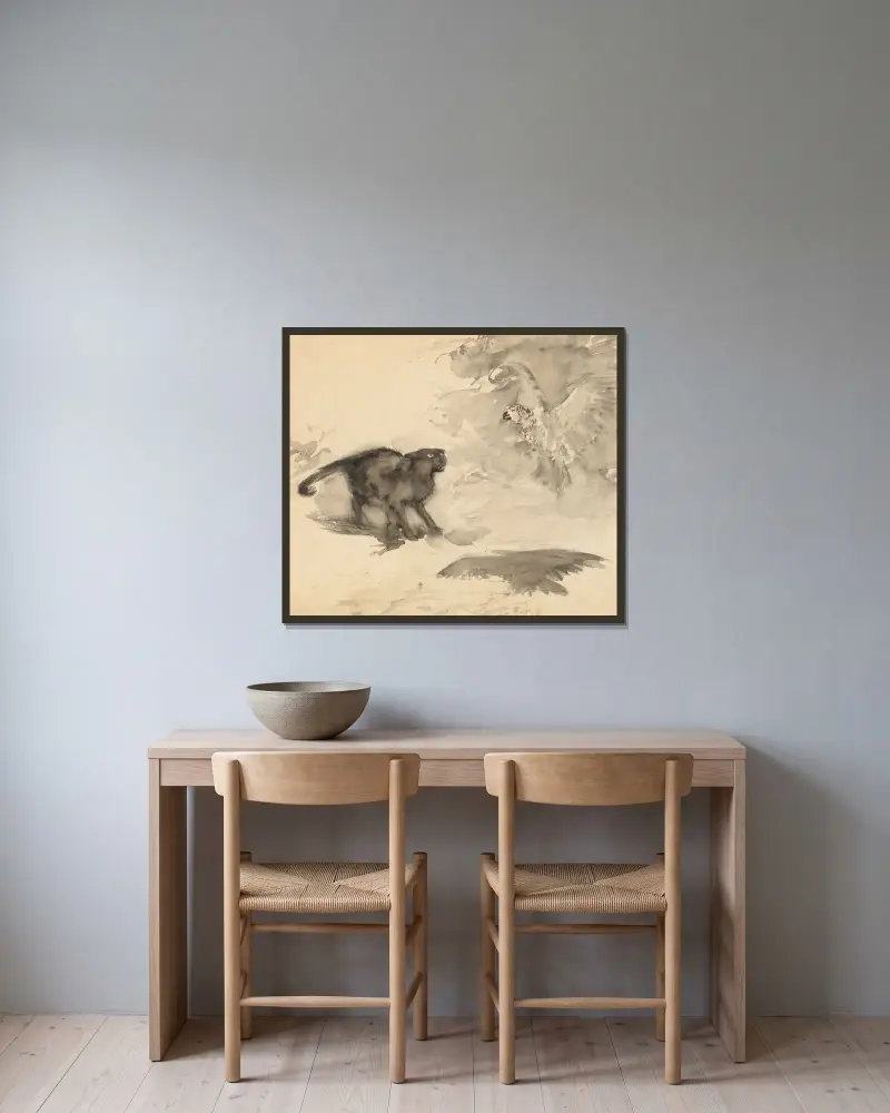Papegojan och katten (skiss till 'Good-Night' av Eleanor Gates) av Arthur Rackham inramad på en vägg