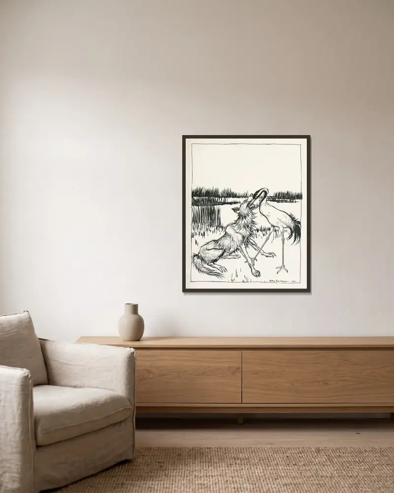 Vargen och tranan av Arthur Rackham inramad på en vägg