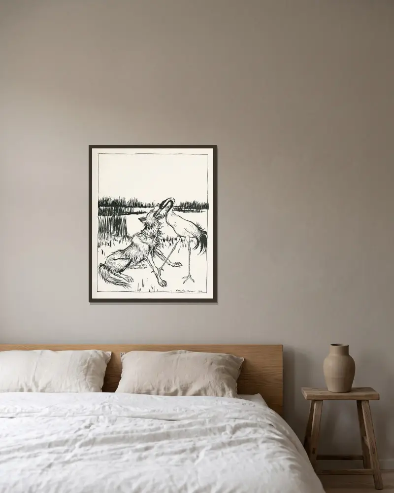 Vargen och tranan av Arthur Rackham inramad på en vägg