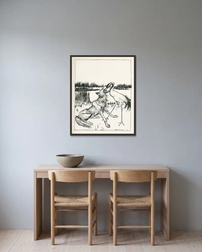 Vargen och tranan av Arthur Rackham inramad på en vägg