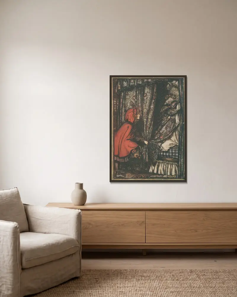 Vargen utklädd till mormor av Arthur Rackham inramad på en vägg