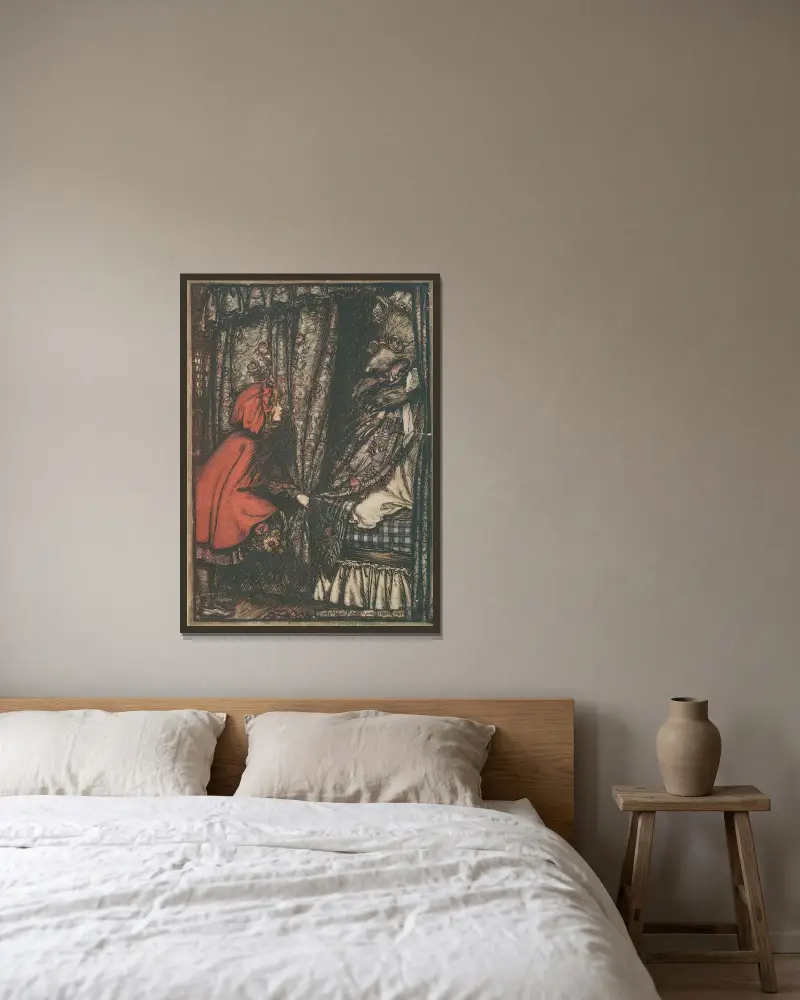 Vargen utklädd till mormor av Arthur Rackham inramad på en vägg