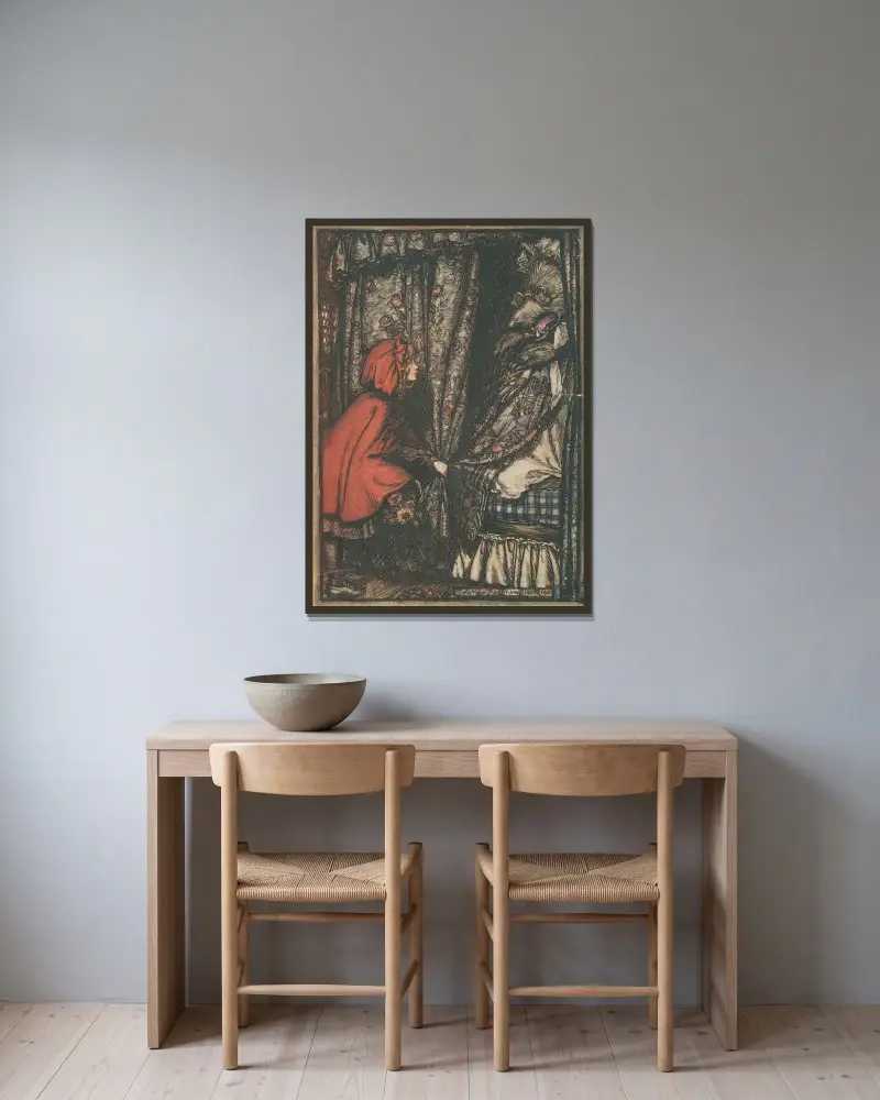 Vargen utklädd till mormor av Arthur Rackham inramad på en vägg