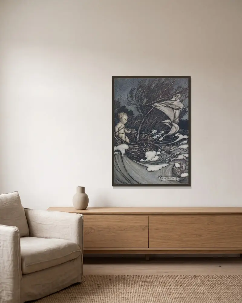 Då uppstod en väldig storm och han kastades hit och dit av Arthur Rackham inramad på en vägg