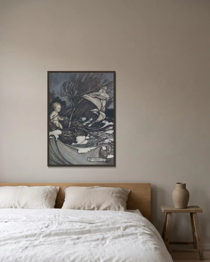 Då uppstod en väldig storm och han kastades hit och dit av Arthur Rackham inramad på en vägg