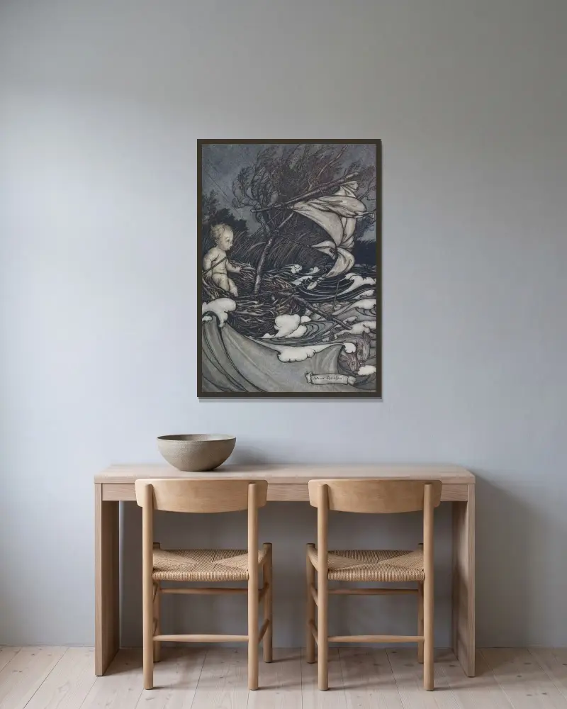 Då uppstod en väldig storm och han kastades hit och dit av Arthur Rackham inramad på en vägg