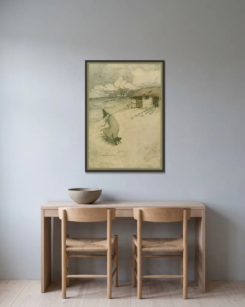 Det bor en gammal kvinna på Tappington Moor av Arthur Rackham inramad på en vägg
