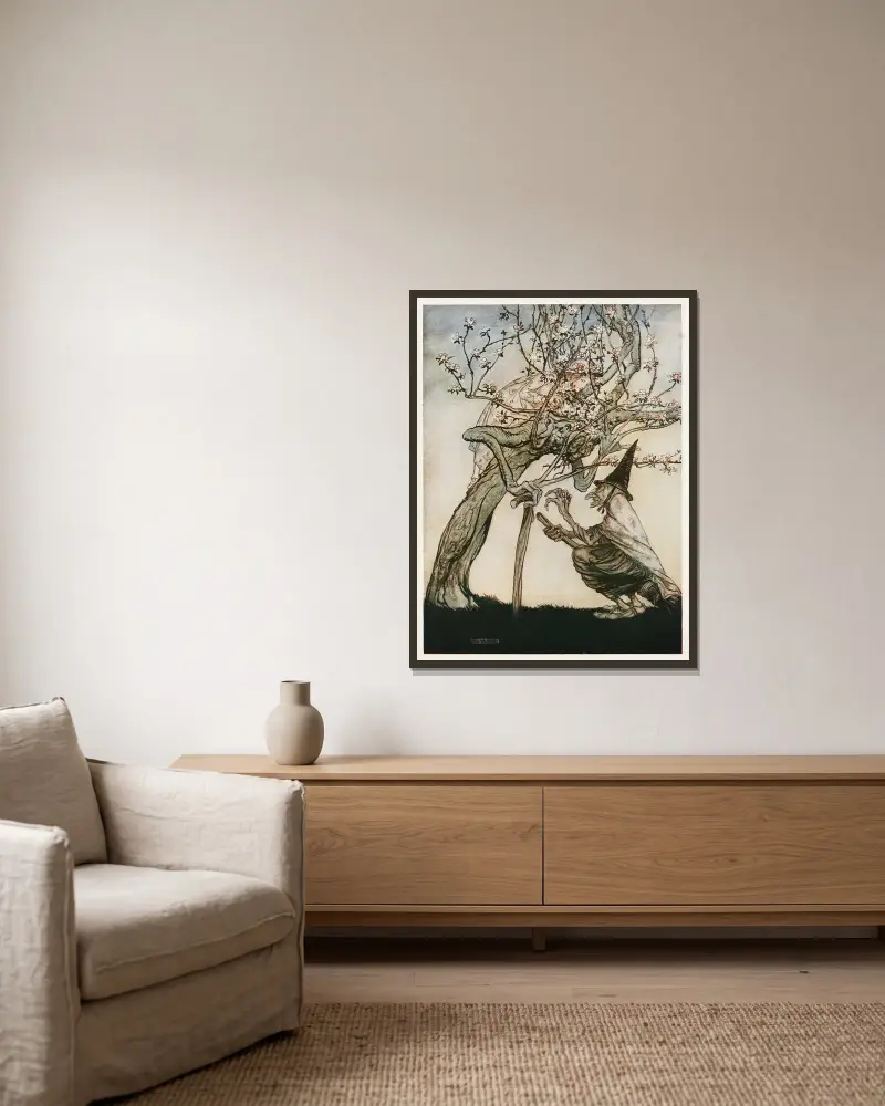 Träd av mitt! O träd av mitt! Har du sett min stygga lilla jungfru av Arthur Rackham inramad på en vägg