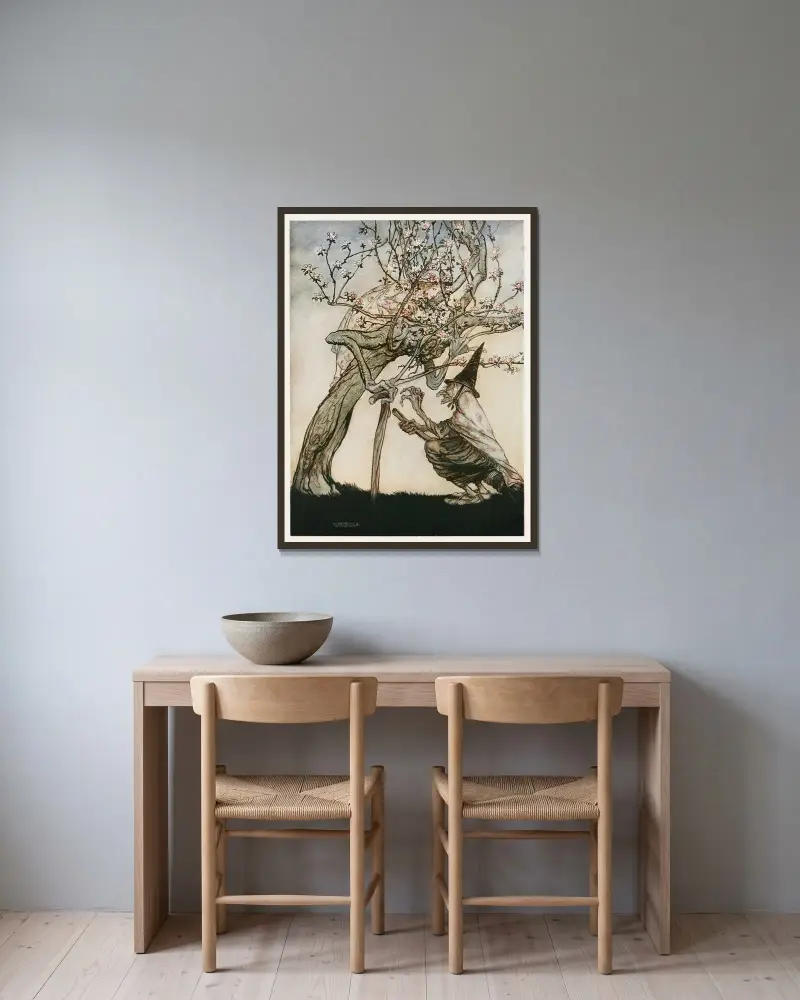 Träd av mitt! O träd av mitt! Har du sett min stygga lilla jungfru av Arthur Rackham inramad på en vägg