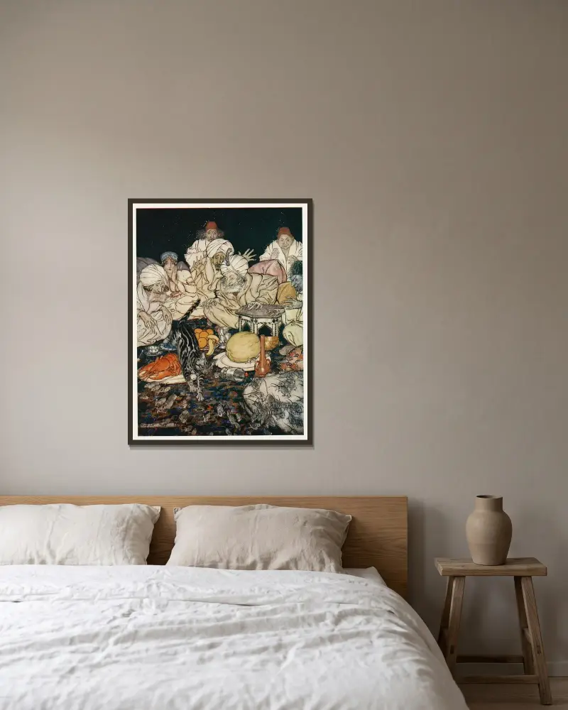 När Puss såg råttorna och mössen väntade hon inte på att bli tillsagd av Arthur Rackham inramad på en vägg