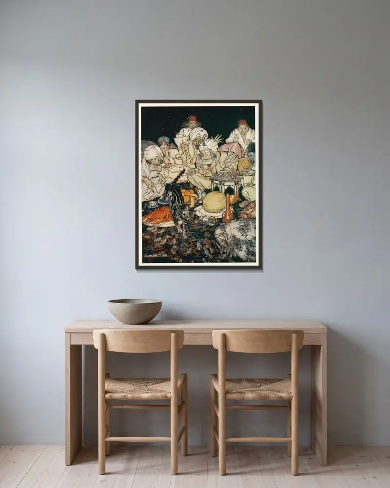 När Puss såg råttorna och mössen väntade hon inte på att bli tillsagd av Arthur Rackham inramad på en vägg