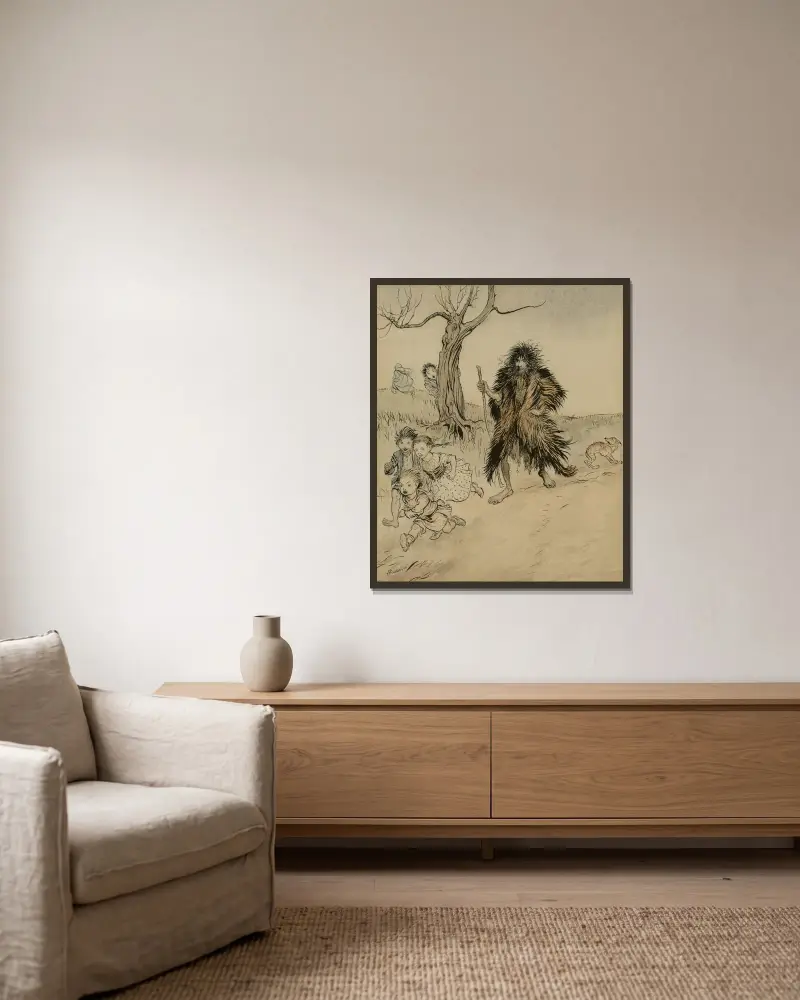 Whoever Saw Him Run Away av Arthur Rackham inramad på en vägg