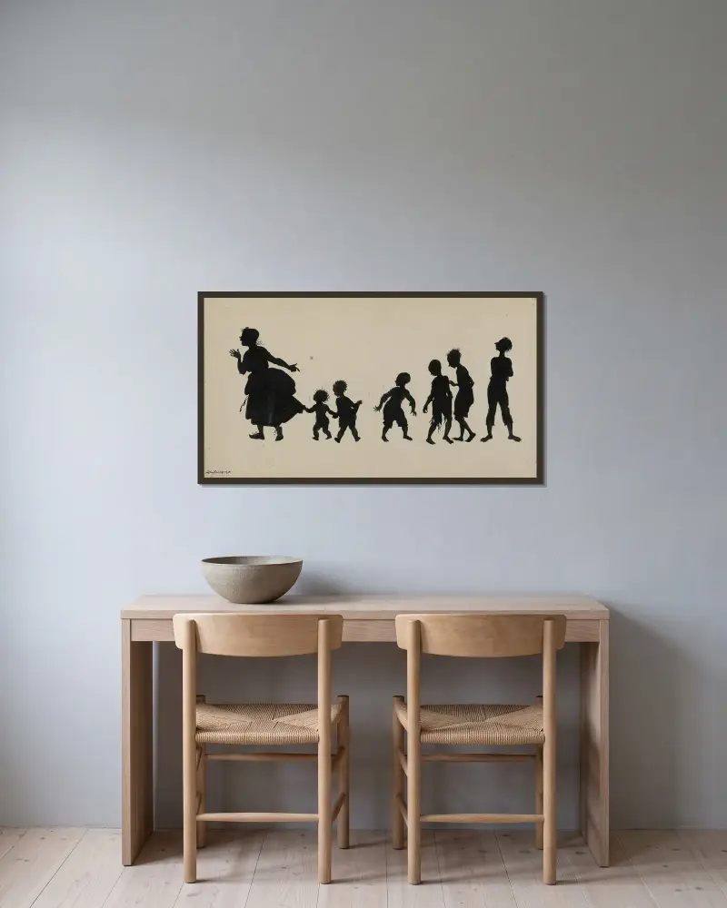 Kvinna och sex barn av Arthur Rackham inramad på en vägg