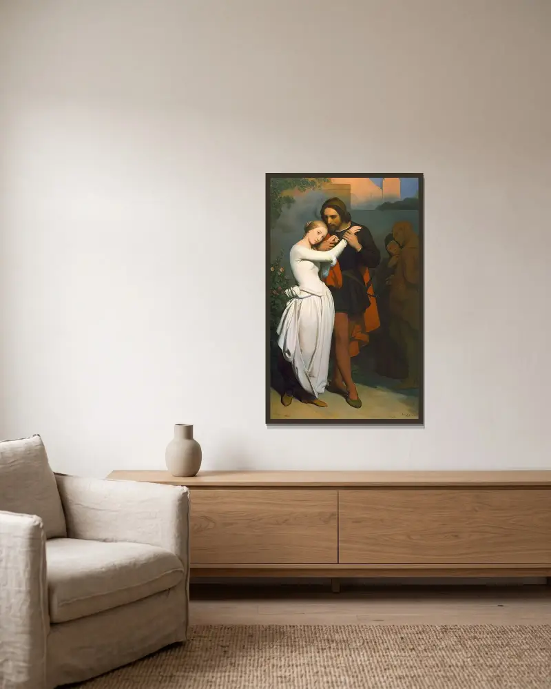 Faust och Marguerite i trädgården av Ary Scheffer inramad på en vägg