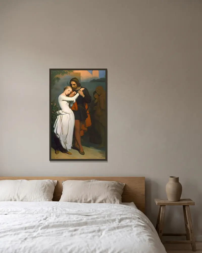 Faust och Marguerite i trädgården av Ary Scheffer inramad på en vägg
