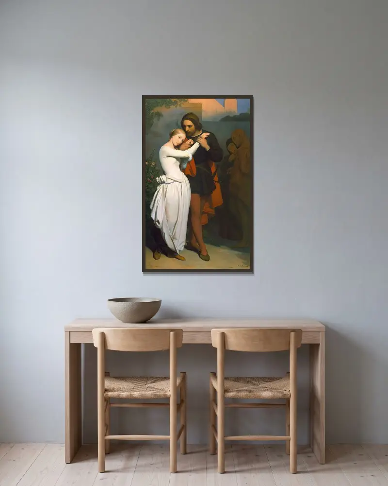Faust och Marguerite i trädgården av Ary Scheffer inramad på en vägg