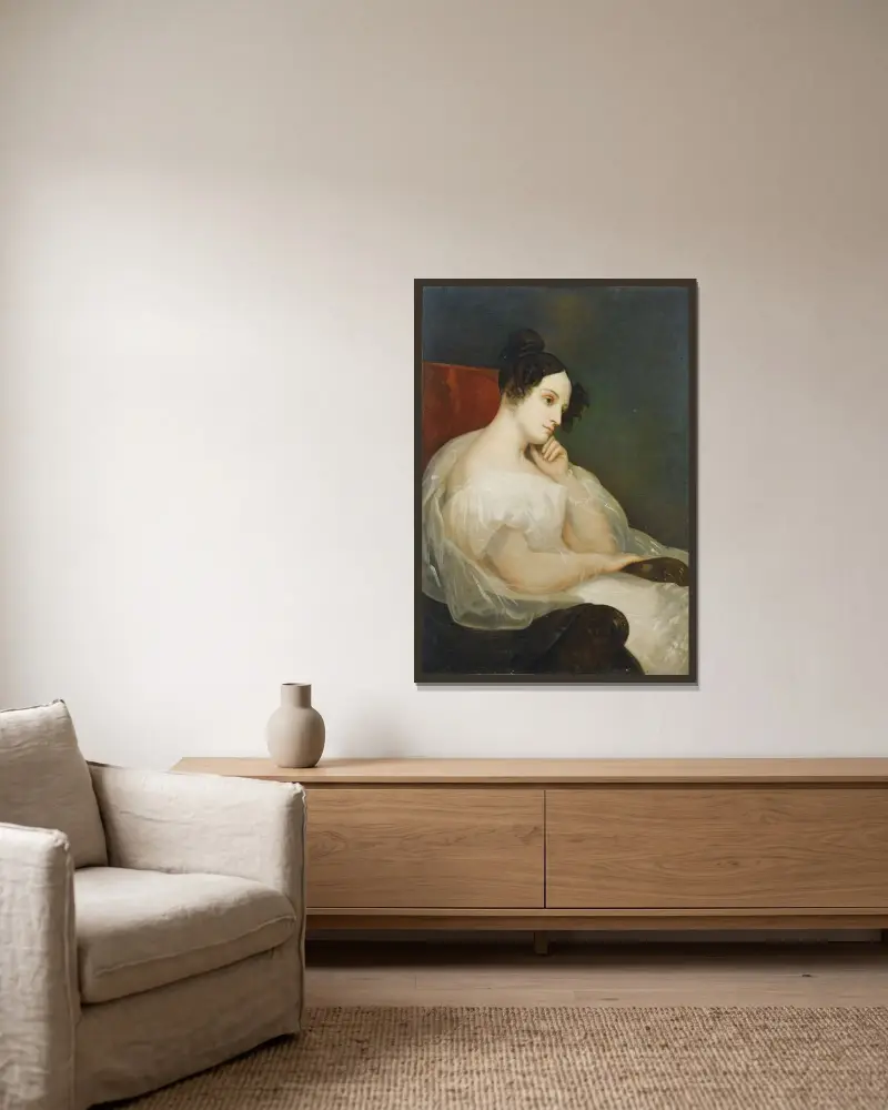 Porträtt av Marie-Joséphine Souham, hertiginna av Elchingen av Ary Scheffer inramad på en vägg