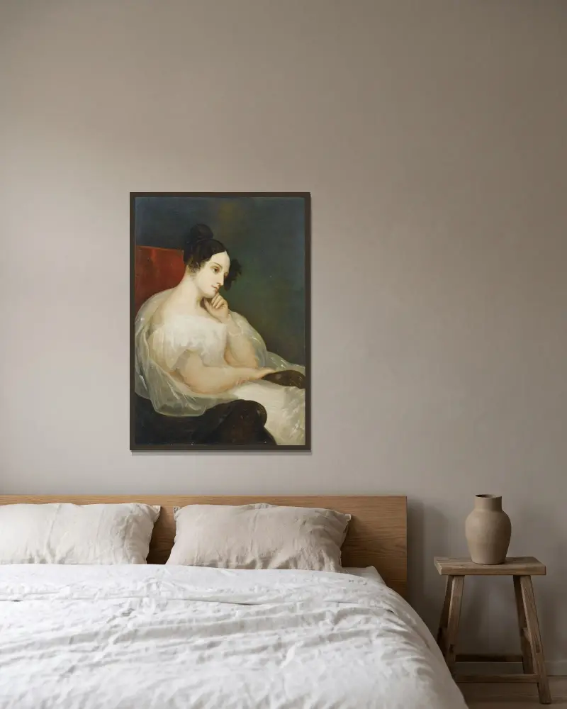 Porträtt av Marie-Joséphine Souham, hertiginna av Elchingen av Ary Scheffer inramad på en vägg