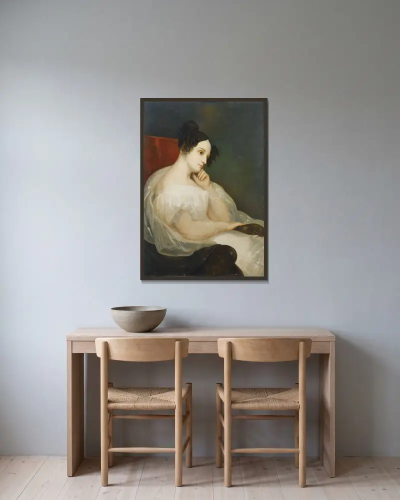 Porträtt av Marie-Joséphine Souham, hertiginna av Elchingen av Ary Scheffer inramad på en vägg