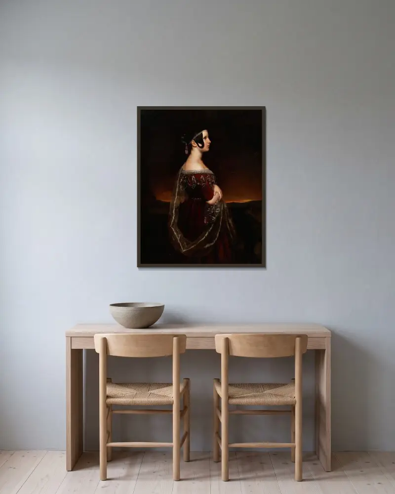 Porträtt av en dam med pärlor av Ary Scheffer inramad på en vägg