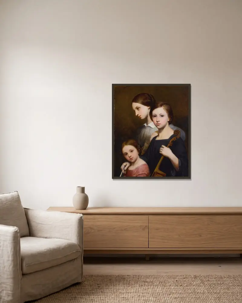 Porträtt av René, Cécile och Louise Franchomme av Ary Scheffer inramad på en vägg