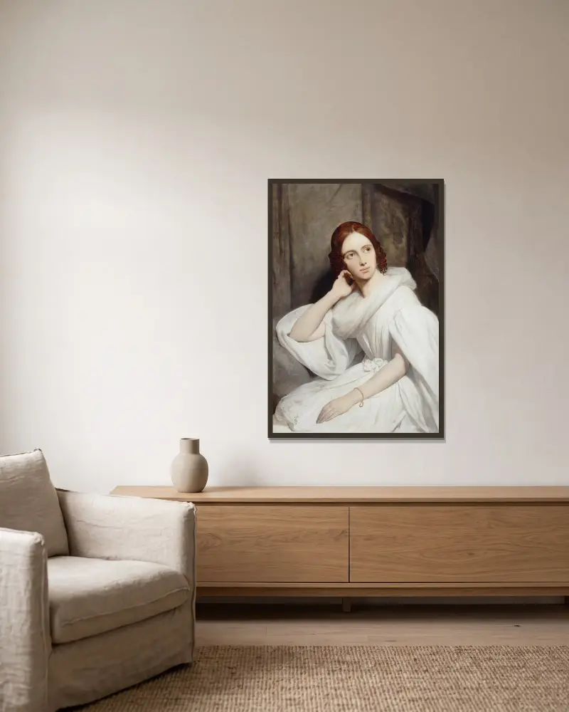 Portrait of Sophie Marin, widow of Lieutenant General Baudrand av Ary Scheffer inramad på en vägg