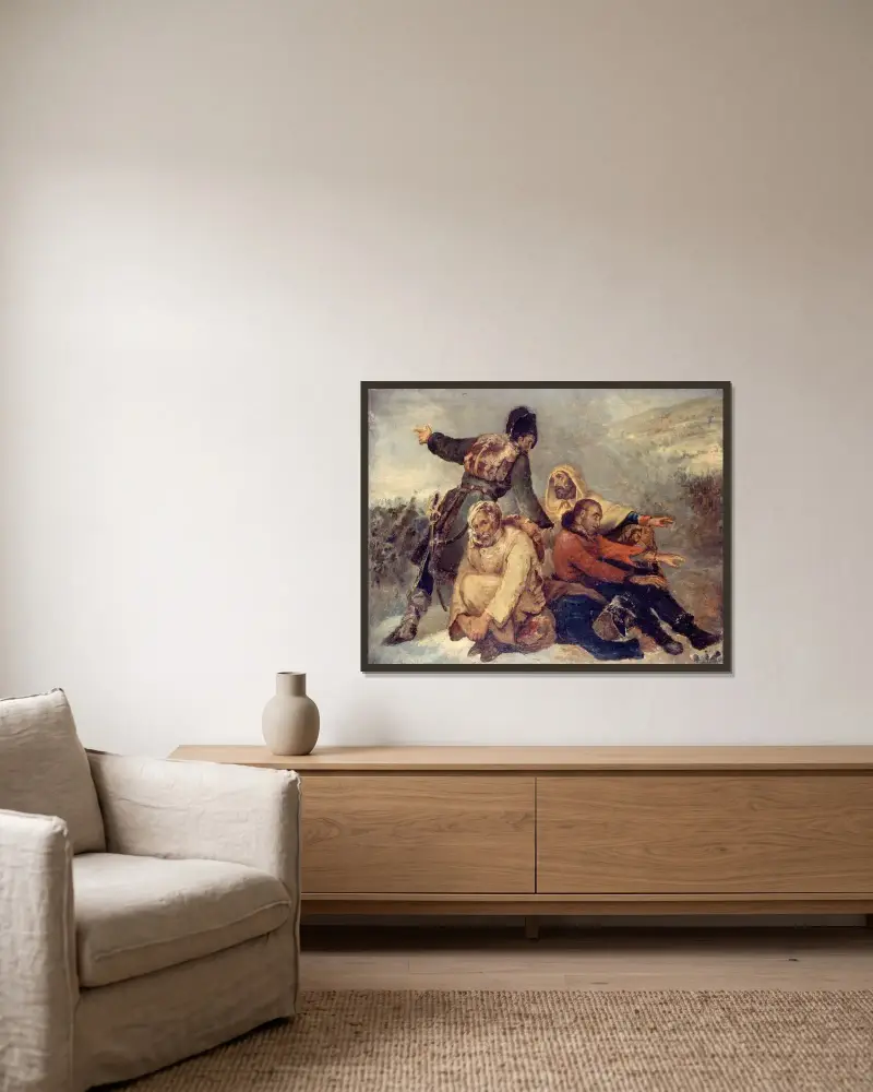 Fyra soldater ur en flyende armé av Ary Scheffer inramad på en vägg
