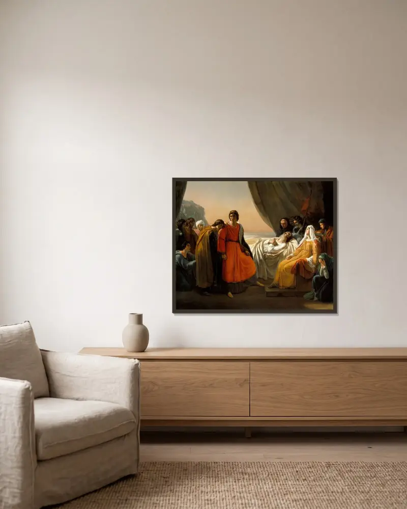 Ludvig den heliges död av Ary Scheffer inramad på en vägg