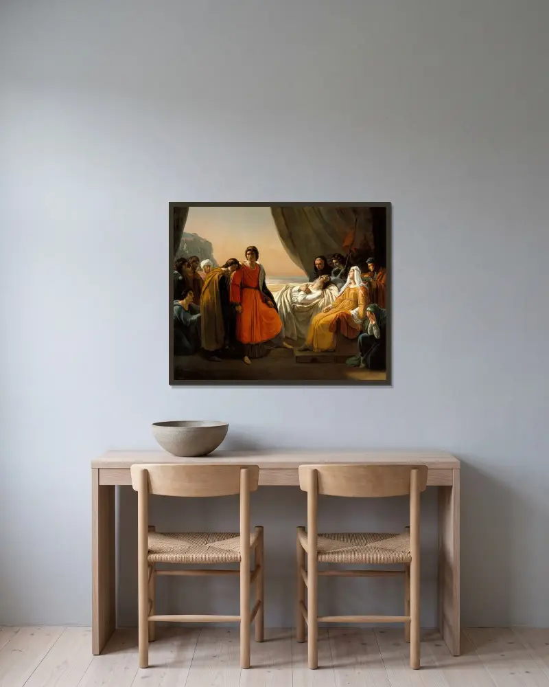 Ludvig den heliges död av Ary Scheffer inramad på en vägg